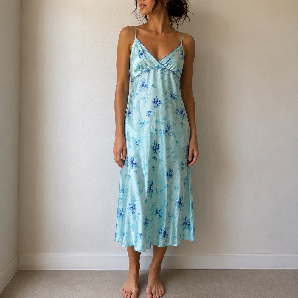 August Silk Green Floral Satin Nightgown Lace Trim Size Medium Y2K Fairycore